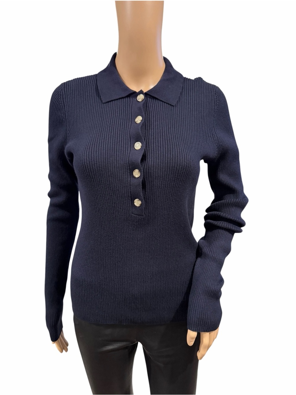 Faherty Womens Mikki Ribbed Polo Cotton Cashmere Sweater Navy Size M MSRP $168 - Picture 3 of 12